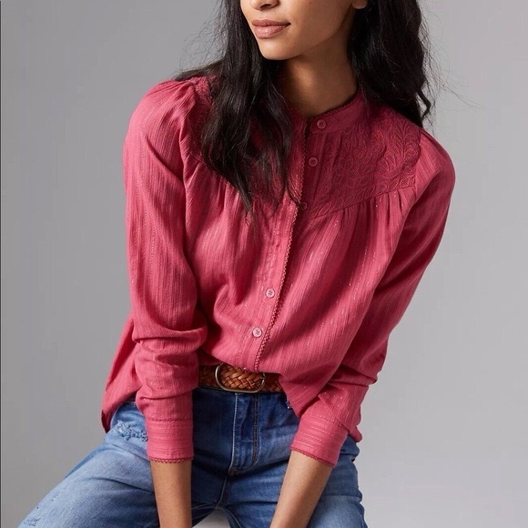 Anthropologie Pilcro the Victoria Lace Button-Up Blouse Pink with tinsel Size 2 - Picture 1 of 8